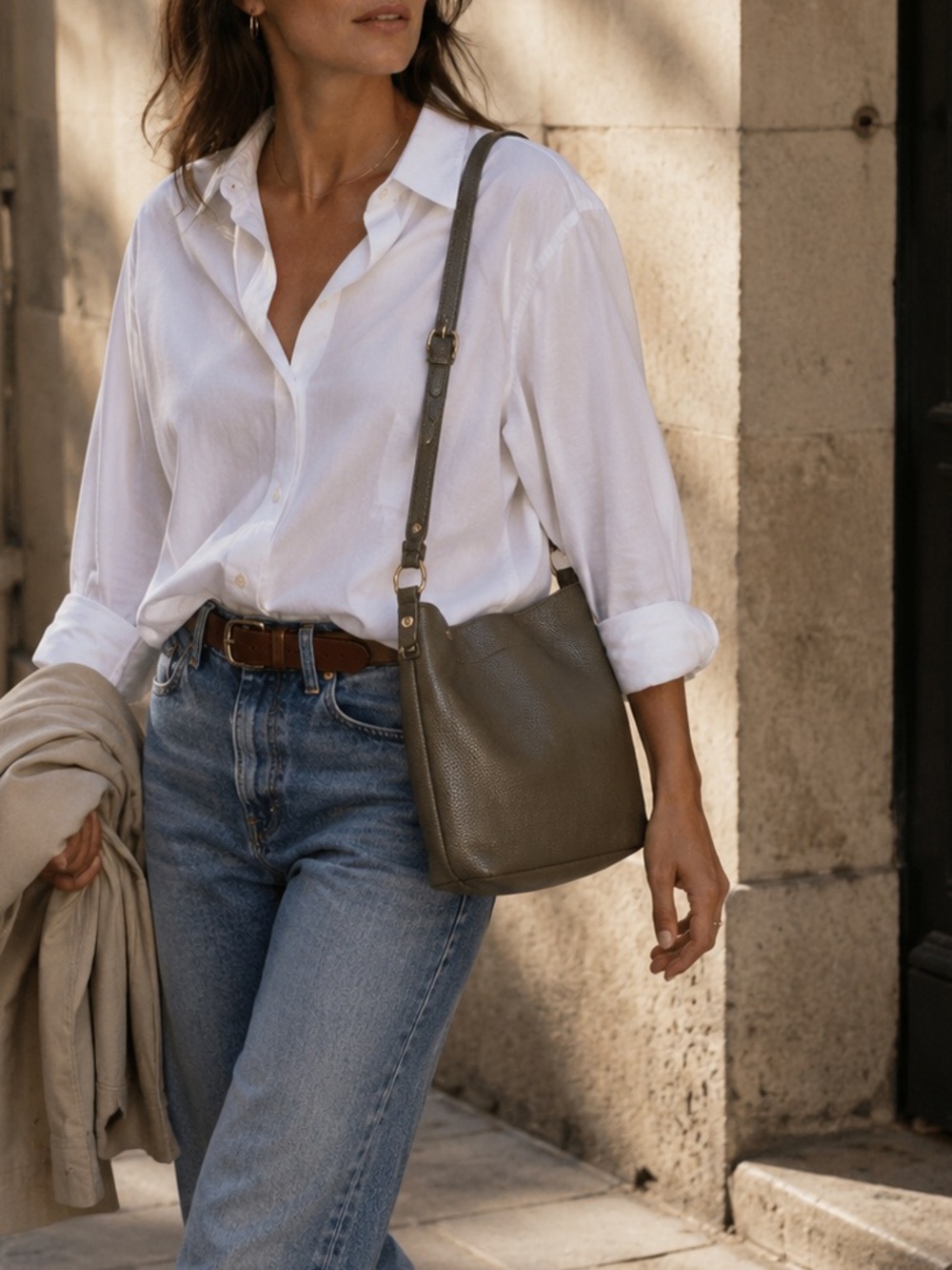 Poppy Barley Olive Taupe Pebbled Leather Crossbody Tote Bag + Dust Bag